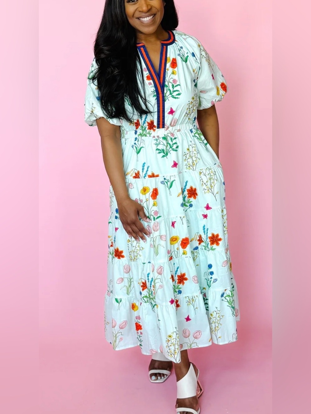 THML Flora Dress Small 100% Cotton Light Blue Floral Tiered Maxi Puff Sleeve